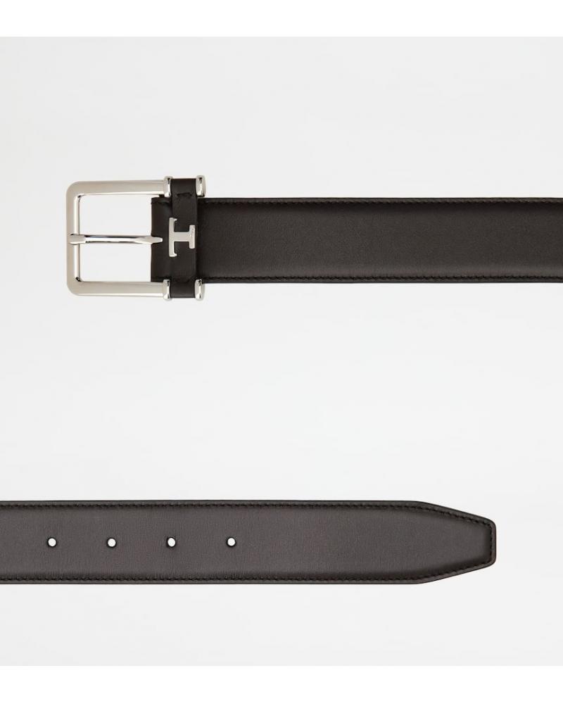 CEINTURE TOD'S EN CUIR BOUCLE EN METAL ET LOGO T TIMELEESS NOIR