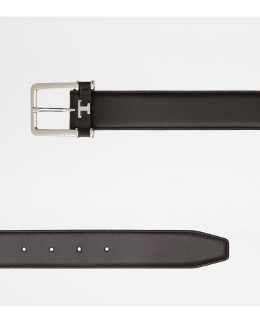 CEINTURE TOD'S EN CUIR BOUCLE EN METAL ET LOGO T TIMELEESS NOIR