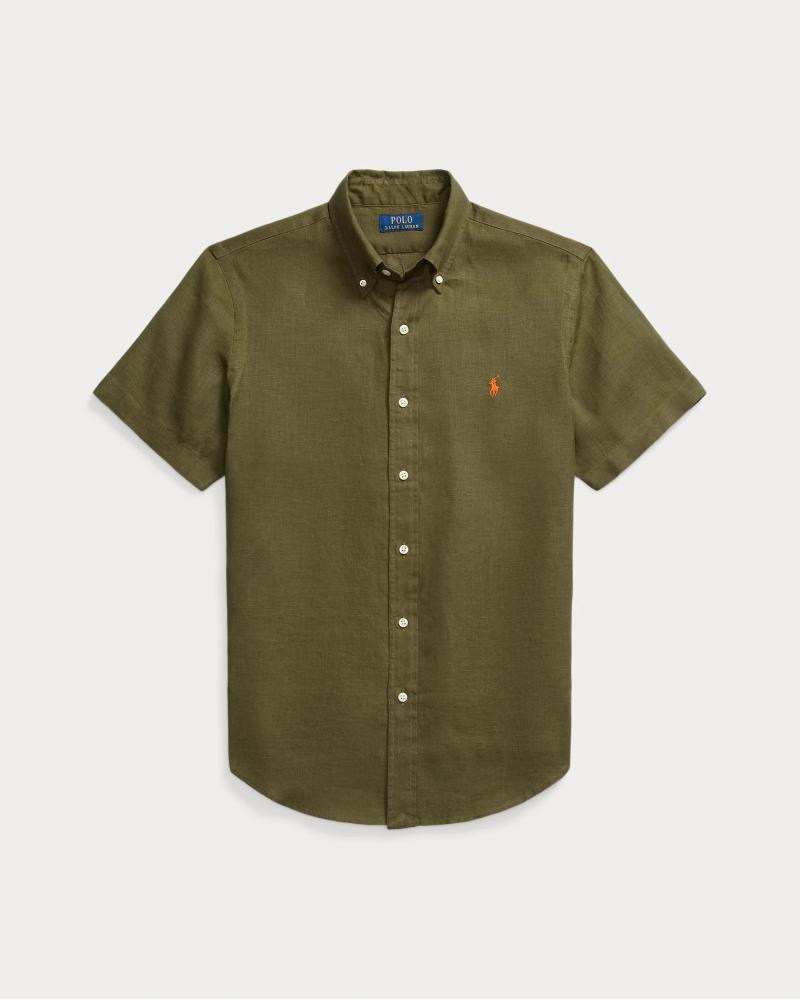 CHEMISERALPH LAUREN  MANCHES  COURTES LIN VERT OLIVE