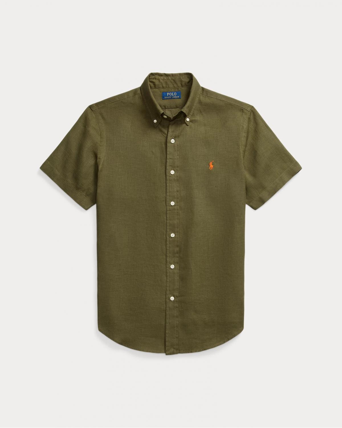 CHEMISERALPH LAUREN  MANCHES  COURTES LIN VERT OLIVE