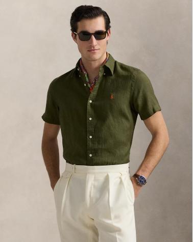 CHEMISERALPH LAUREN  MANCHES  COURTES LIN VERT OLIVE