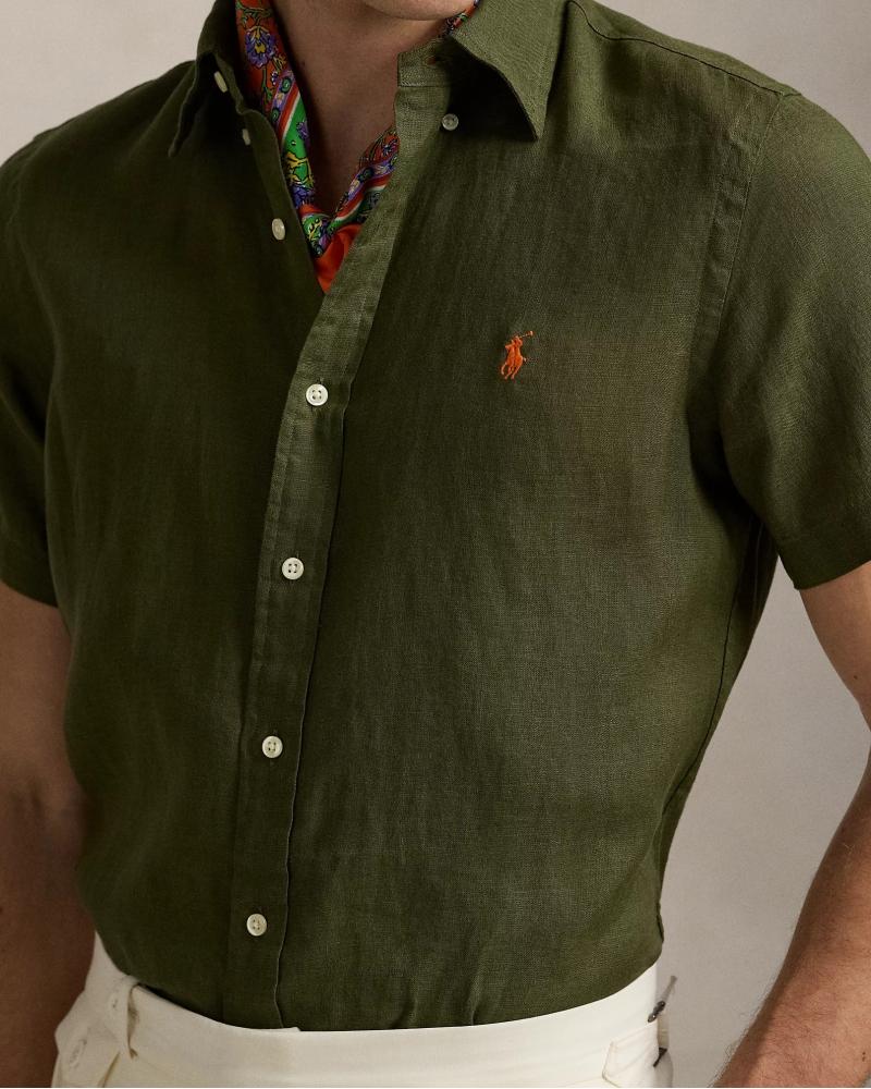 CHEMISERALPH LAUREN  MANCHES  COURTES LIN VERT OLIVE