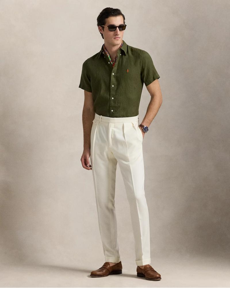 CHEMISERALPH LAUREN  MANCHES  COURTES LIN VERT OLIVE