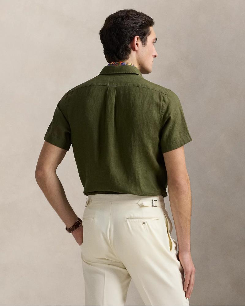 CHEMISERALPH LAUREN  MANCHES  COURTES LIN VERT OLIVE