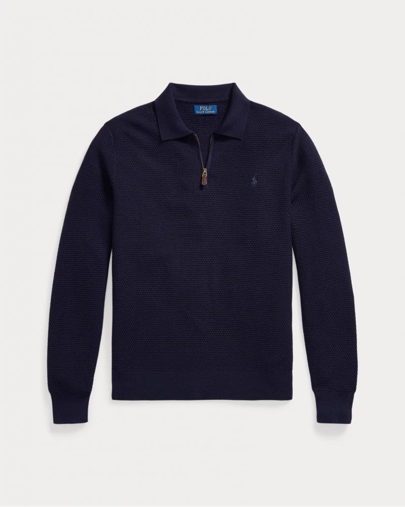 PULL POLO ZIP RALPH LAUREN MAILLE GAUFFREE MARINE