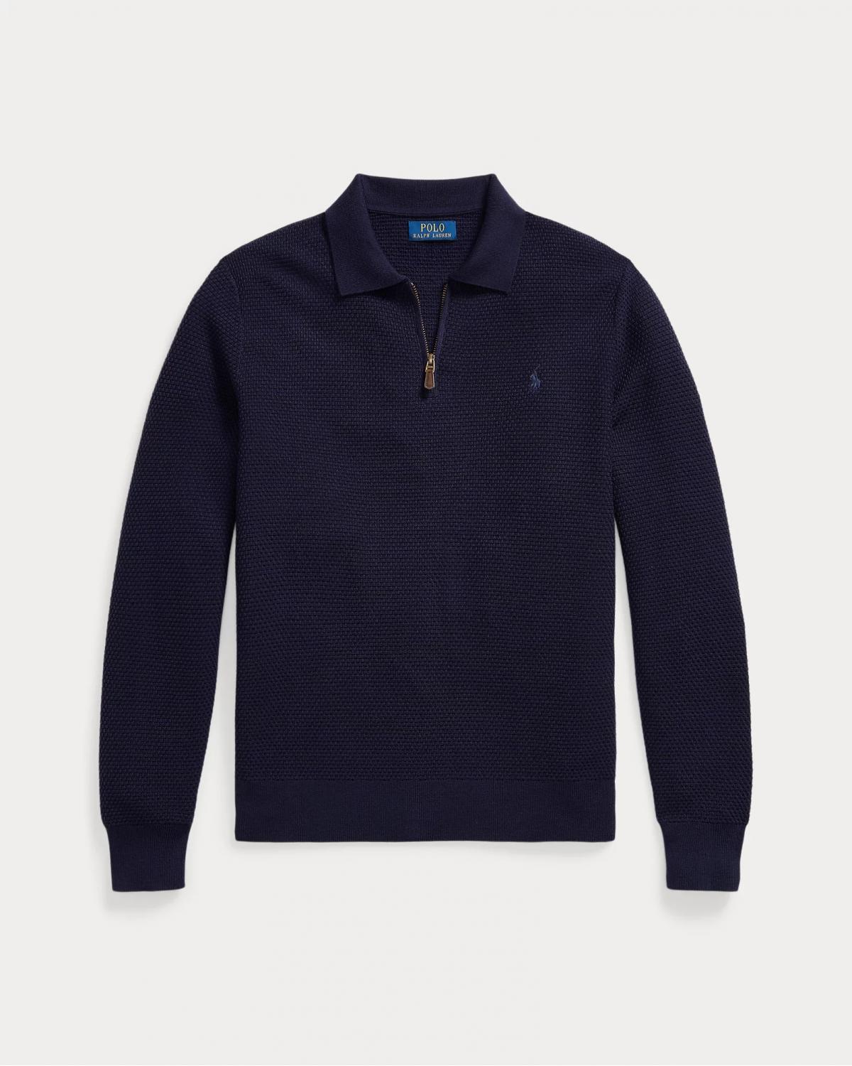 PULL POLO ZIP RALPH LAUREN MAILLE GAUFFREE MARINE