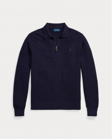 PULL POLO ZIP RALPH LAUREN MAILLE GAUFFREE MARINE