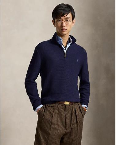 PULL POLO ZIP RALPH LAUREN MAILLE GAUFFREE MARINE