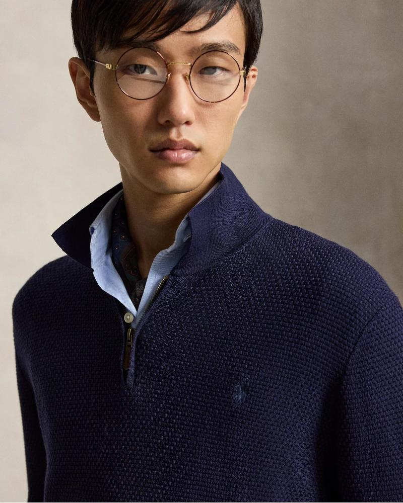 PULL POLO ZIP RALPH LAUREN MAILLE GAUFFREE MARINE