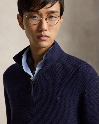 PULL POLO ZIP RALPH LAUREN MAILLE GAUFFREE MARINE