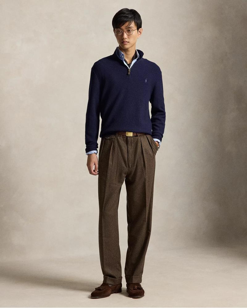 PULL POLO ZIP RALPH LAUREN MAILLE GAUFFREE MARINE