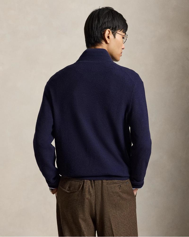 PULL POLO ZIP RALPH LAUREN MAILLE GAUFFREE MARINE