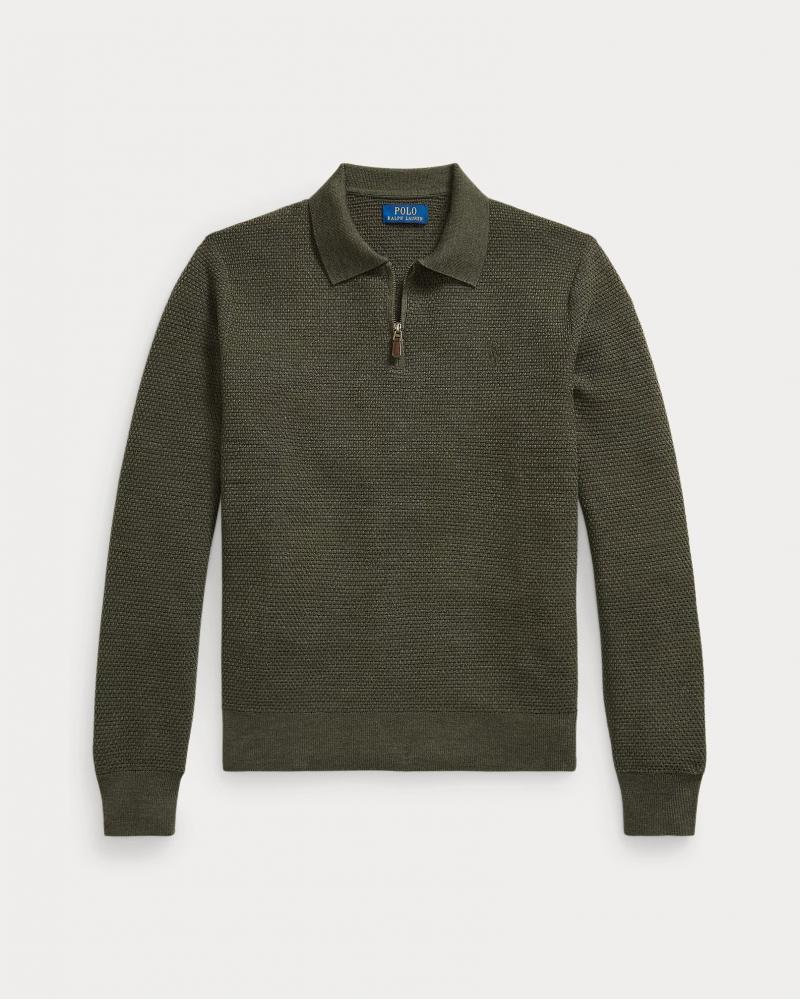 PULL POLO ZIP RALPH LAUREN MAILLE GAUFFREE KAKI