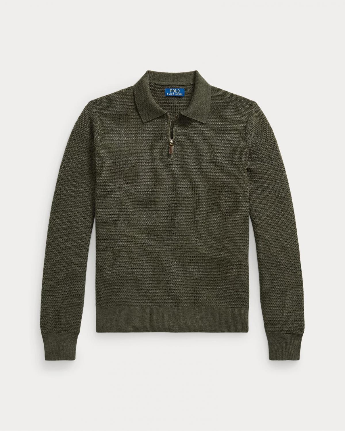 PULL POLO ZIP RALPH LAUREN MAILLE GAUFFREE KAKI