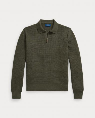 PULL POLO ZIP RALPH LAUREN MAILLE GAUFFREE KAKI