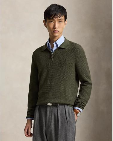 PULL POLO ZIP RALPH LAUREN MAILLE GAUFFREE KAKI