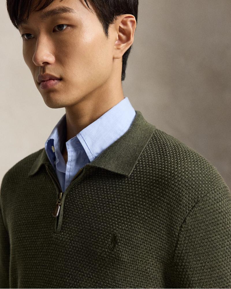 PULL POLO ZIP RALPH LAUREN MAILLE GAUFFREE KAKI