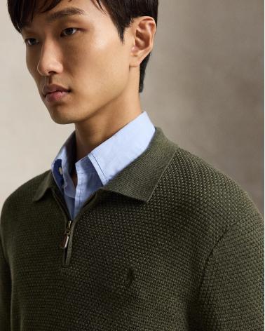 PULL POLO ZIP RALPH LAUREN MAILLE GAUFFREE KAKI