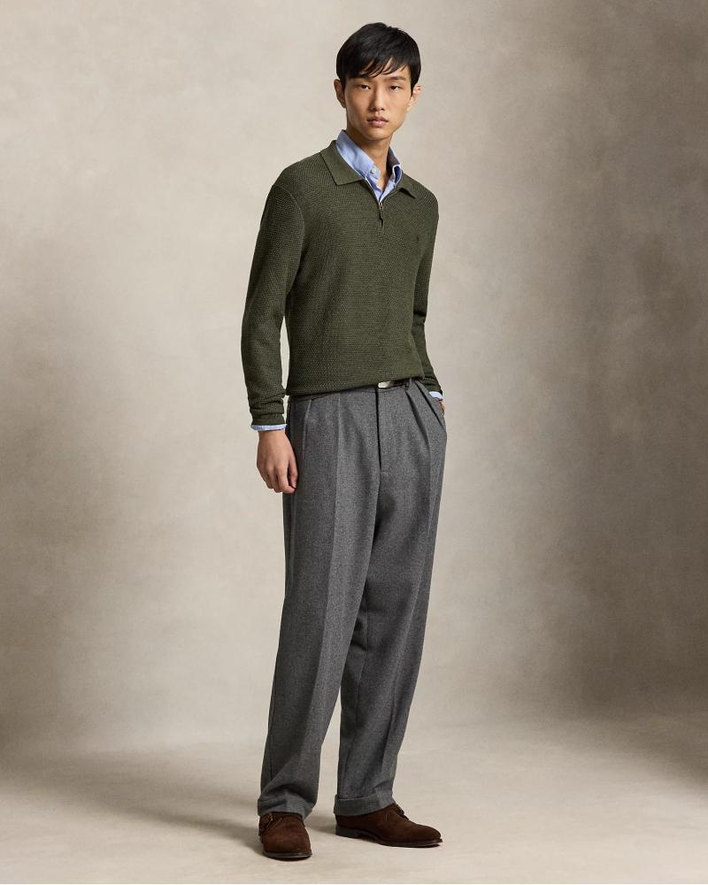 PULL POLO ZIP RALPH LAUREN MAILLE GAUFFREE KAKI