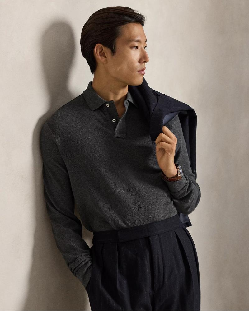 POLO RALPH LAUREN MANCHES LONGUES CUSTOM FIT  GRIS ANTRACITE