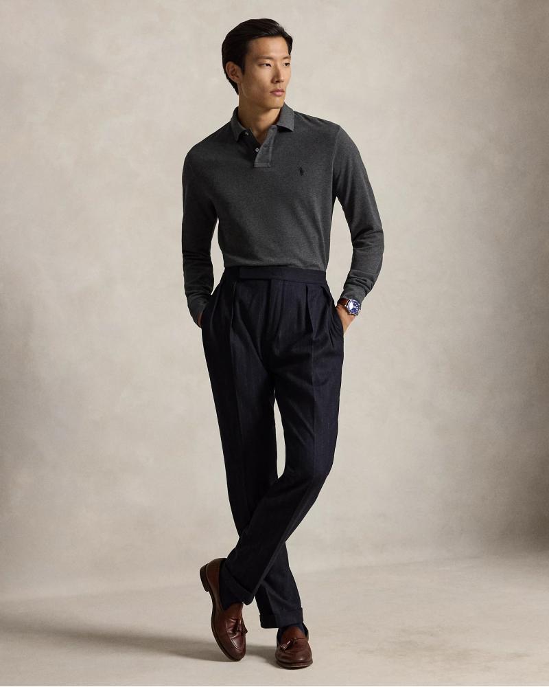 POLO RALPH LAUREN MANCHES LONGUES CUSTOM FIT  GRIS ANTRACITE